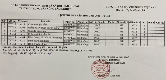 Lịch thi học kỳ 2, 2021-2022 lớp TYGL1